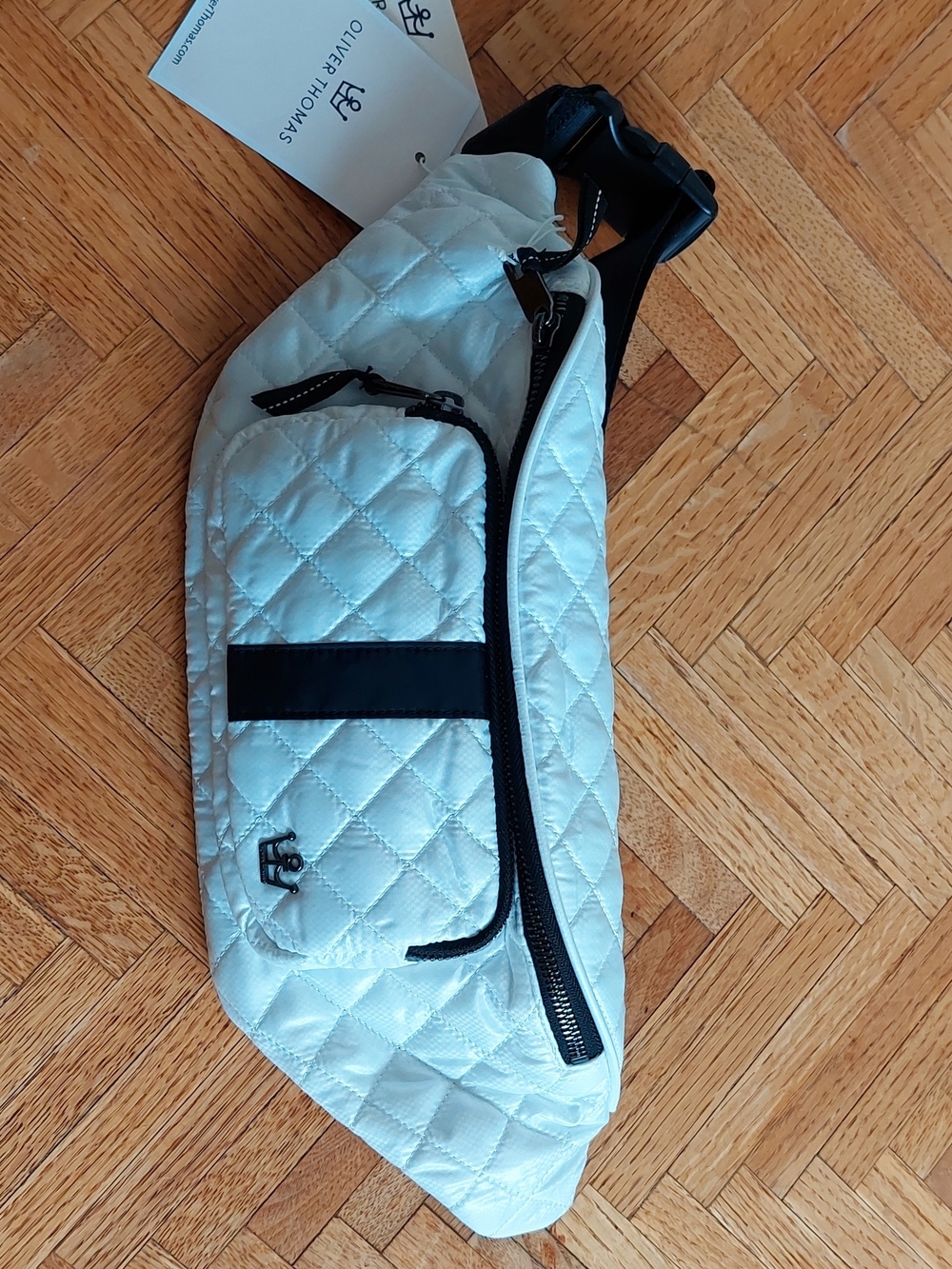 Oliver Thomas White Quilted Crossbody Belt Bag with Black Trim